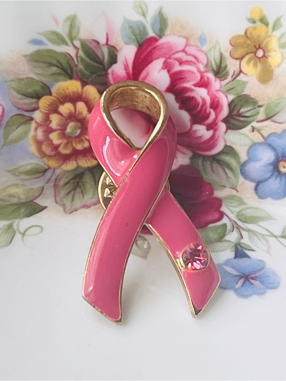 Breast Cancer Awareness Pink Ribbon Pin • Gold Tone Enamel Rhinestone